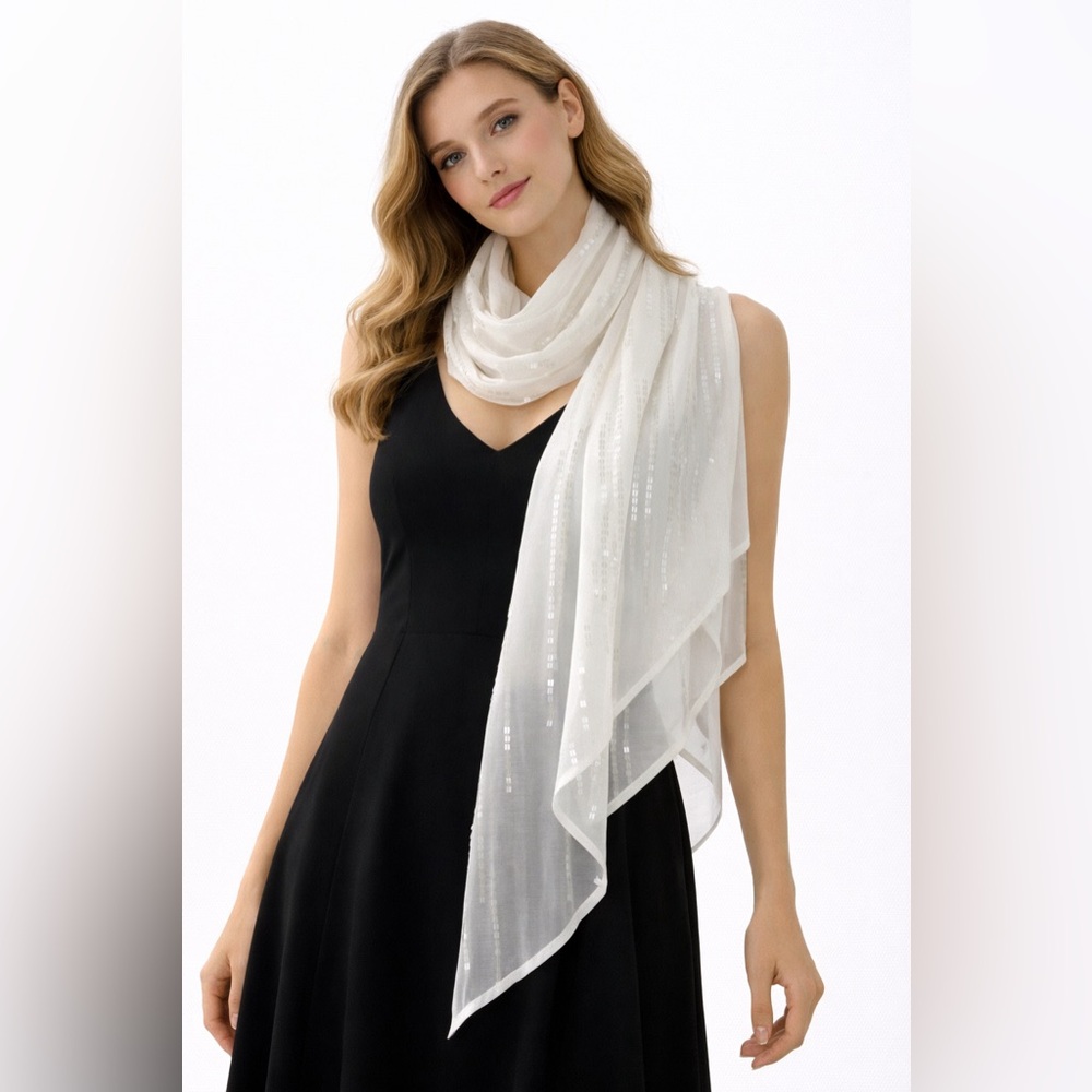 Long Scarf Wrap Off white/Ivory color with sequins asymmetrical length